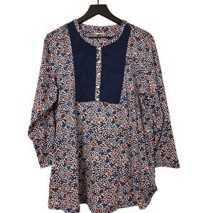 Lands End Women XL Blue Floral Lace Patch Tunic Top Long Sleeve Button Neck